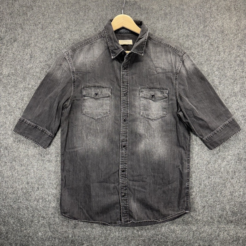 Allsaints Marilla Half Sleeve Shirt Men's Medium Pearlsnap Black Western Denim